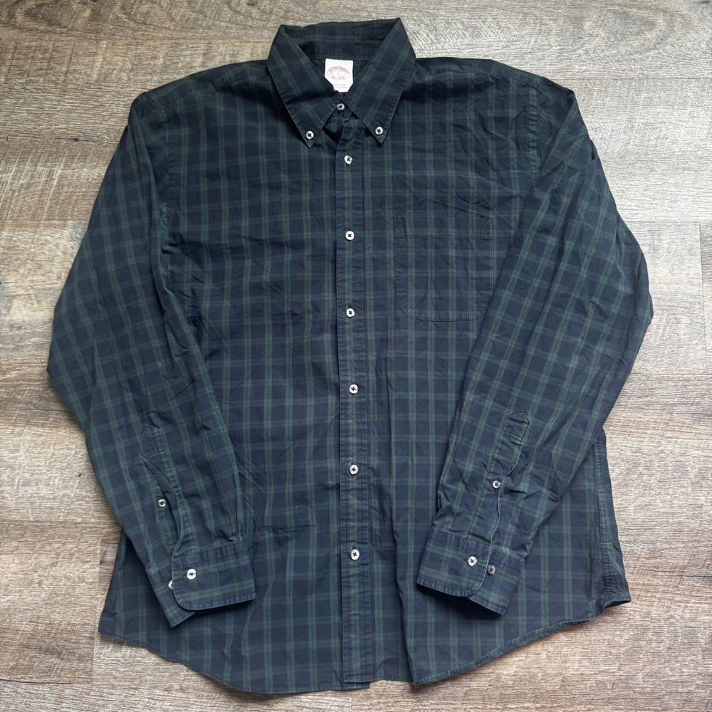 Brooks Brothers Est 1818 Shirt Large Regular Green Navy Black Watch Plaid Cotton